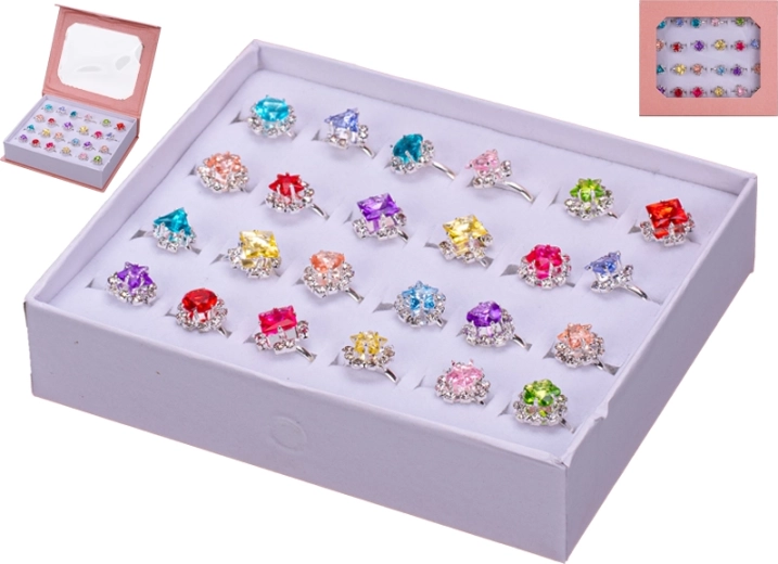 Set de inele metalice pentru copii cu pietricele colorate, 24 buc.