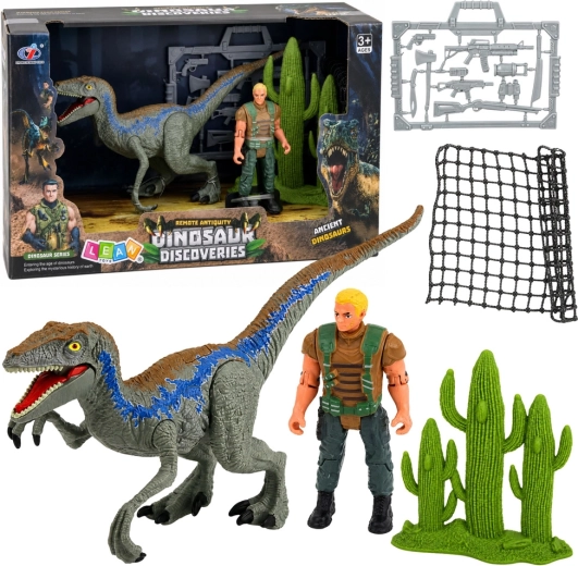 Set de figurine cu dinozaur și vânător cu membre mobile, plasă și accesorii - 1 bucată