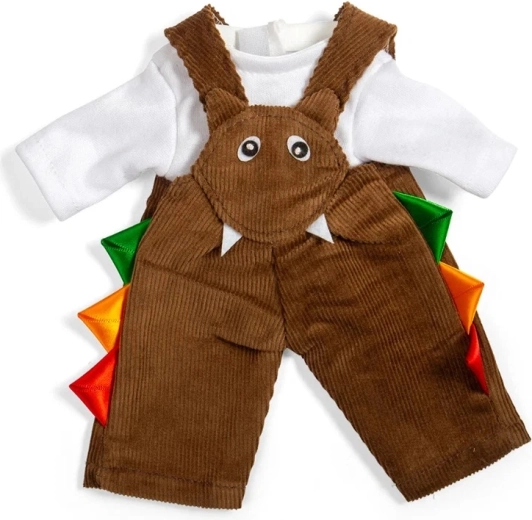 Bigjigs Toys pantaloni maro din catifea raiată cu bretele și tricou pentru păpușă 28 cm