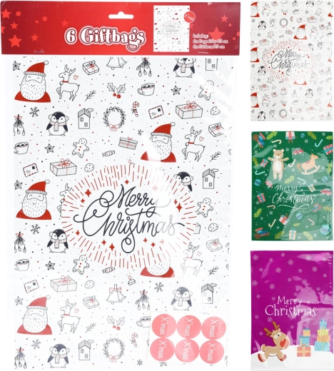 Pungi cadou din celofan cu autocolante, mix de culori, decor 2 (43 × 29 cm, 6+6 buc.)