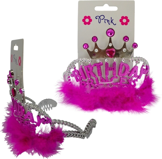 Bentiță Happy Birthday cu pene fucsia