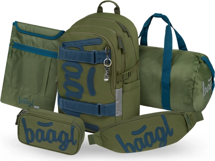 Set BAAGL 5 Skate Olive – rucsac școlar, penar, geantă sport pliabilă, borsetă și husă pentru laptop cu certificare GRS