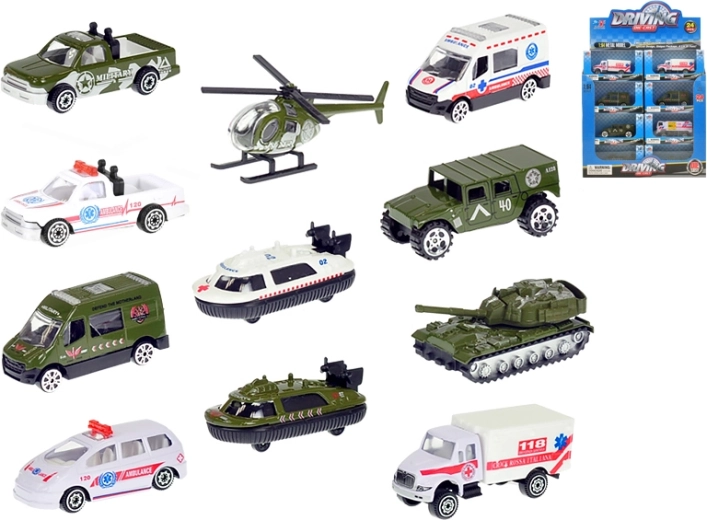 Vehicule militare și de salvare din metal 1:64, 7–8 cm, rulare liberă