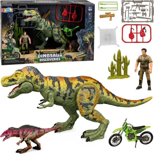 Set pentru copii cu dinozauri T-Rex cu sunete, vânător și motocicletă