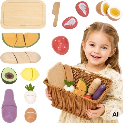 VIGA PolarB set din lemn cu alimente de tăiat și coș