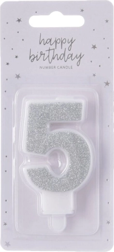 Lumânare pentru tort cifra 5 argintie, 7 cm