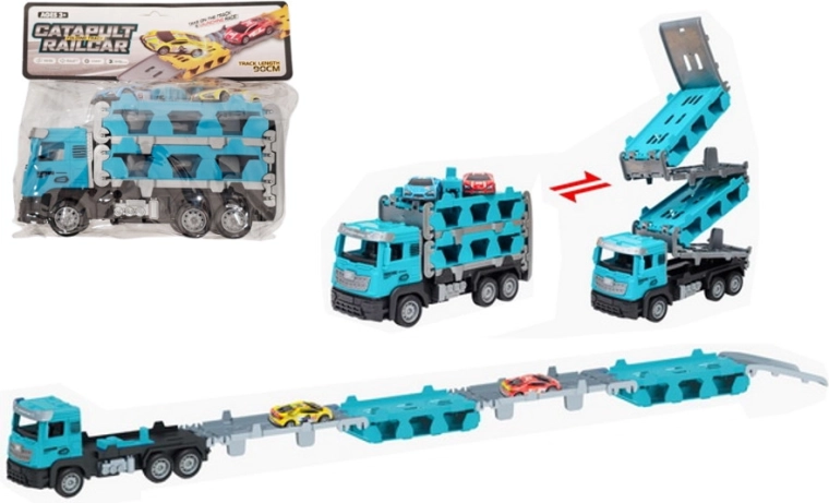 Transportor de mașini cu pistă pliabilă – set cu camion și 2 mașinuțe