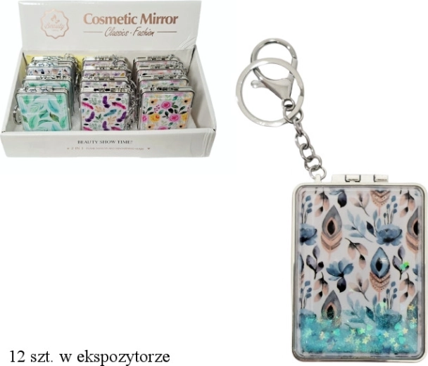 Oglindă de buzunar dreptunghiulară pentru fete cu breloc – model cu pene sau floral