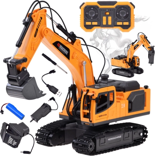 Excavator pe șenile cu telecomandă, cu fum, lumini și sunete, 3 accesorii - 1 buc