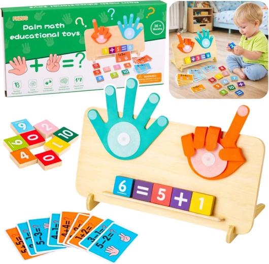 Puzzle matematic din lemn pentru numărare pe degete cu cartonașe și cifre