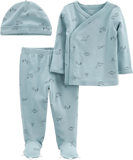 Set pentru bebeluși Carter’s Blue Dino, 3 piese – body încrucișat cu mânecă lungă, pantaloni cu botoșei și căciuliță