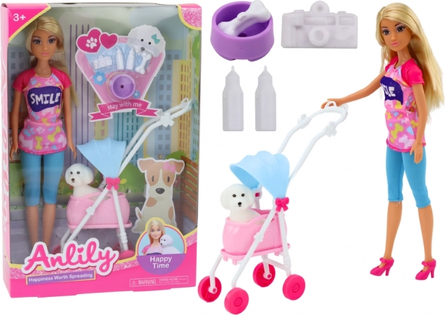 Păpușa Anlily cu cățeluș în căruț