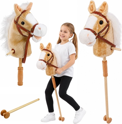 Căluț hobby pe băț cu roți și sunete, bej 100 cm