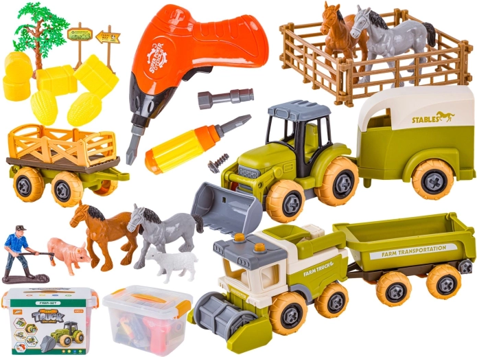Mini fermă de asamblat – tractor și combină cu șurubelniță/mașină de înșurubat și animăluțe