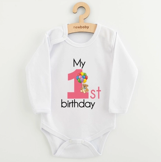 Body pentru copii cu imprimeu New Baby My First Birthday roz, măr. 86 (12–18 luni)
