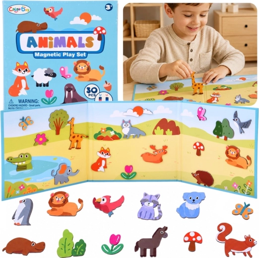 Puzzle magnetic cu animale, cu tablă pliabilă și 30 de magneți
