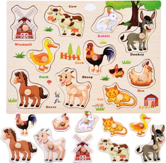 Puzzle din lemn „Fermă” cu mânere și cuvinte în engleză – 10 piese