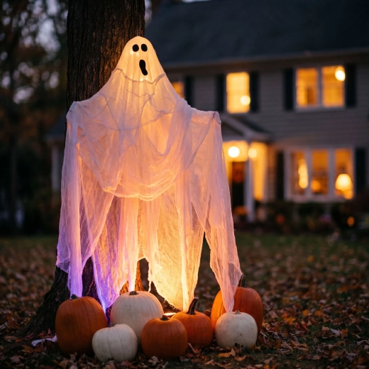 Țesătură decorativă înfricoșătoare de Halloween 2,15 × 1,52 m, albă