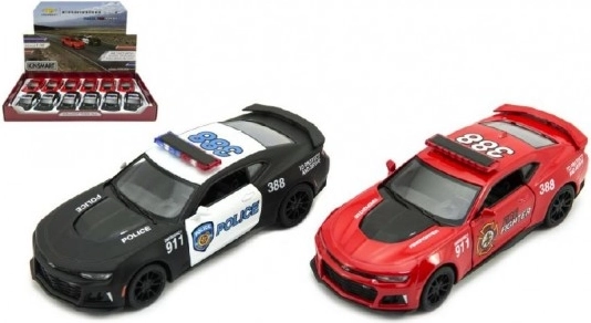 Kinsmart Chevrolet Camaro – mașină de poliție și pompieri cu mecanism de întoarcere, 12 cm