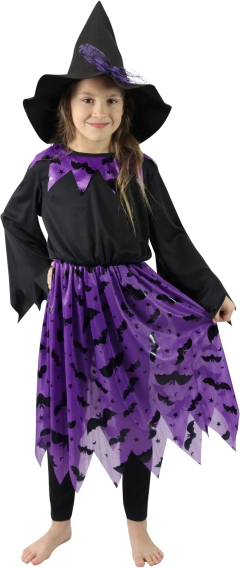 Costum de vrăjitoare pentru copii cu pălărie și motiv lilieci (mărimea S)