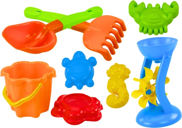 Set colorat de jucării de nisip cu moară și forme