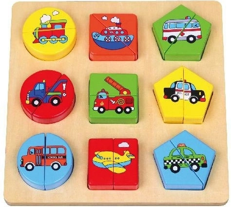 Puzzle din lemn cu vehicule și forme