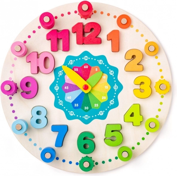 Ceas didactic din lemn, colorat, cu cifre și inele, 102 piese