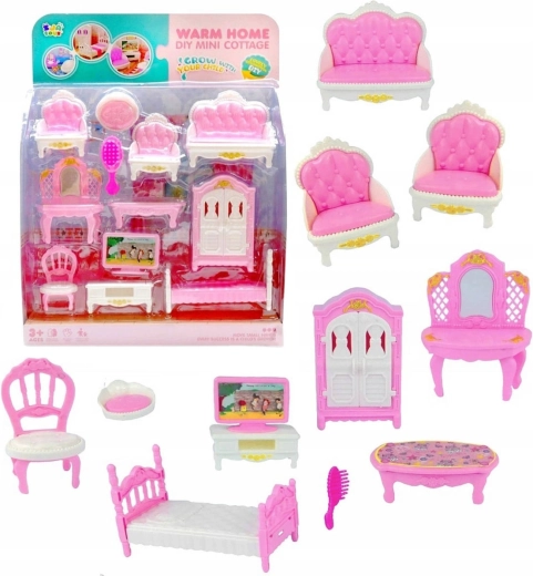 Mobilier roz-alb pentru căsuța de păpuși – set 12 buc.