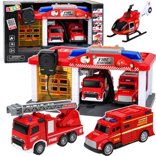 Stație de pompieri cu garaj, vehicule, elicopter și stație radio