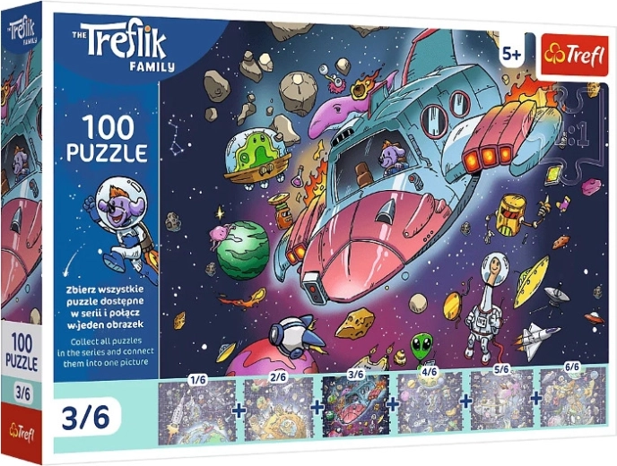 Puzzle Trefl Familia Treflikilor în cosmos: Gonduș în rachetă – 100 de piese