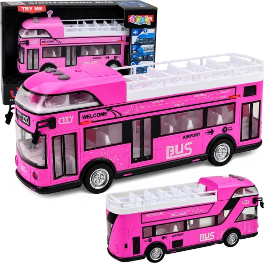 Autobuz urban roz supraetajat pentru copii, cu lumini, sunete și uși care se deschid