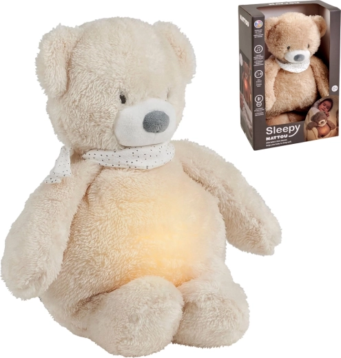 Jucărie de pluș muzicală pentru adormire Nattou Sleepy Bear, cu luminiță și senzor de plâns, bej