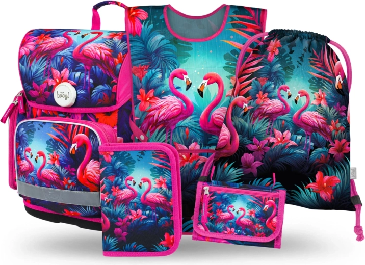 Set școlar BAAGL Ergo Flamingo – ghiozdan, penar, săculeț, șorț și portofel