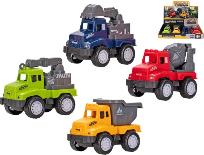 Mașini de construcții cu mecanism pull-back 9–10 cm, set de 4 tipuri