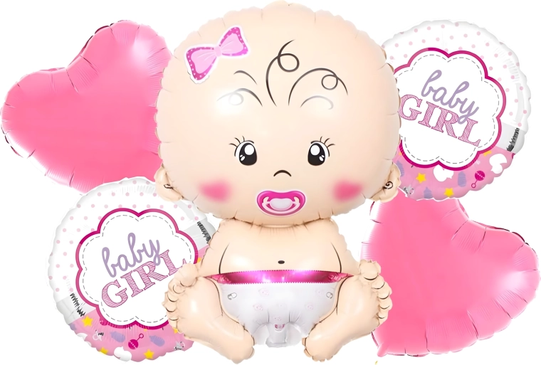 Baloane pentru baby shower fetiță – set de 5 bucăți cu steluțe și motiv bebeluș