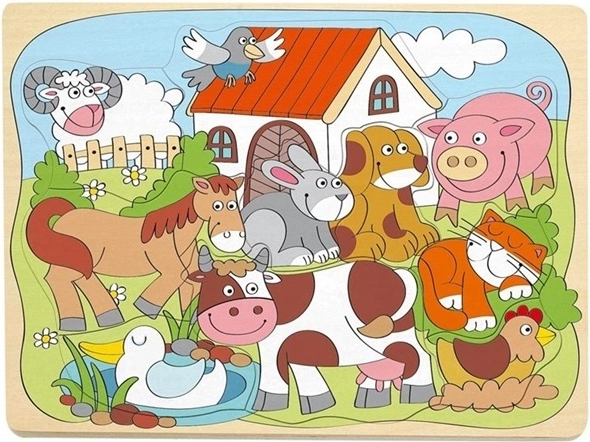 Woodyland puzzle din lemn cu animale domestice vesele, cu piese de introdus