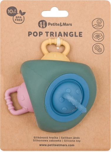 Jucărie senzorială din silicon și inel de dentiție PETITE&MARS Pop Up Triangle Misty Green 10m+