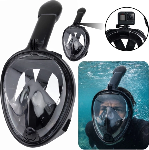 Mască facială completă pentru snorkeling cu vedere panoramică de 180° și sistem anti-aburire, neagră L/XL