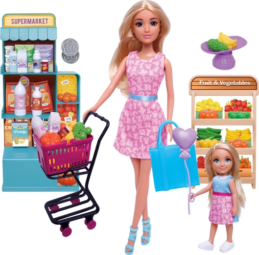 Set de păpuși cu cărucior de cumpărături pentru supermarket