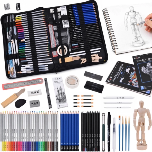 H&B set profesional de artă pentru desen și schițare, 100 de piese