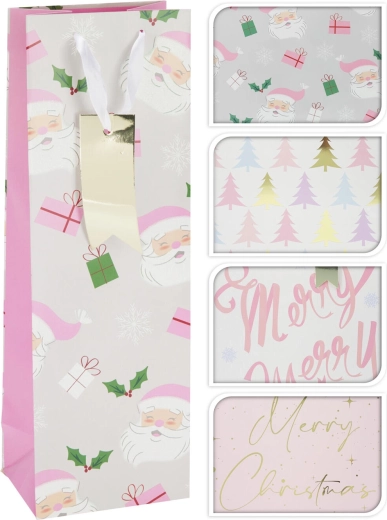 Pungă cadou pentru sticlă, de Crăciun, roz