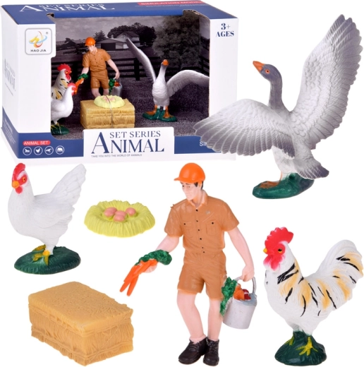 Set de figurine de fermă cu fermier și păsări