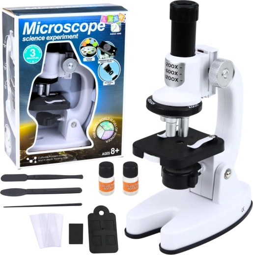 Microscop pentru copii cu accesorii, mărire până la 1200× – alb