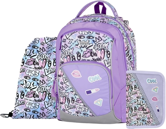 Set școlar 3 piese OXY GO Funny Girl – rucsac, penar și săculeț pentru încălțăminte de schimb