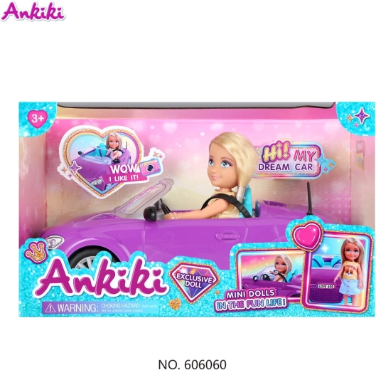 Păpușă Ankiki cu decapotabilă mov și accesorii