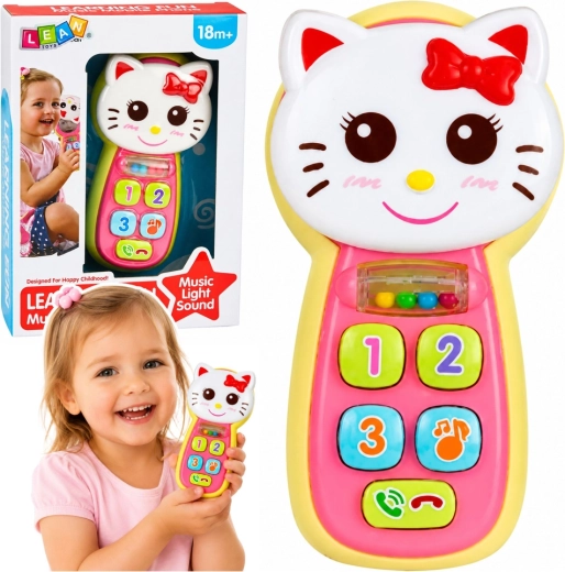 Telefon interactiv pentru copii în formă de pisicuță, cu lumini, sunete, oglindă și zornăitoare