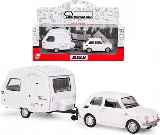 Fiat 126p cu rulotă Niewiadów N126, alb, model 1:43