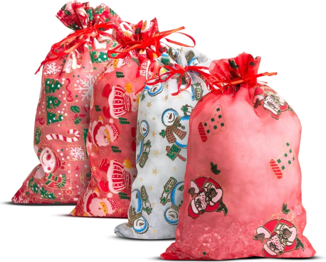 Săculeț cadou din organza cu motiv de Crăciun 20 × 30 cm - 1 bucată