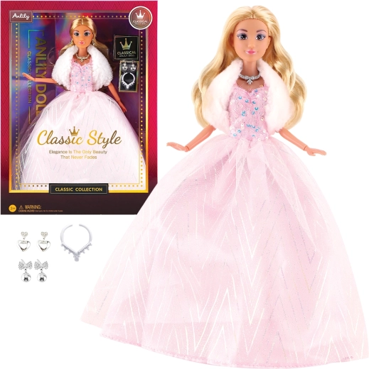 Păpușă la modă în rochie de seară roz deschis