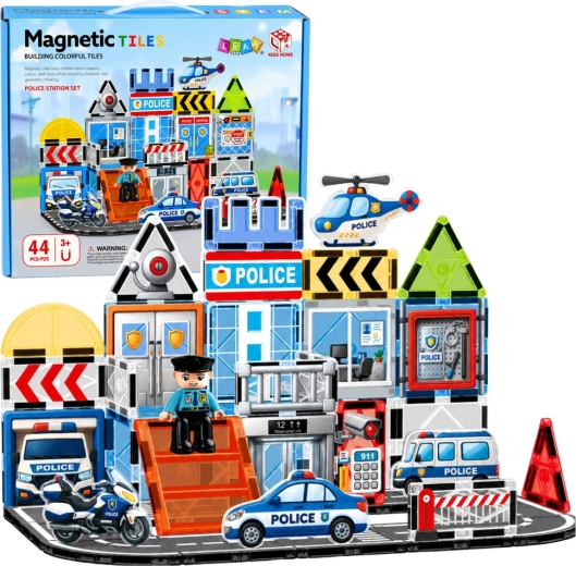 Set de construcție magnetic – secție de poliție cu vehicule, 44 de piese
